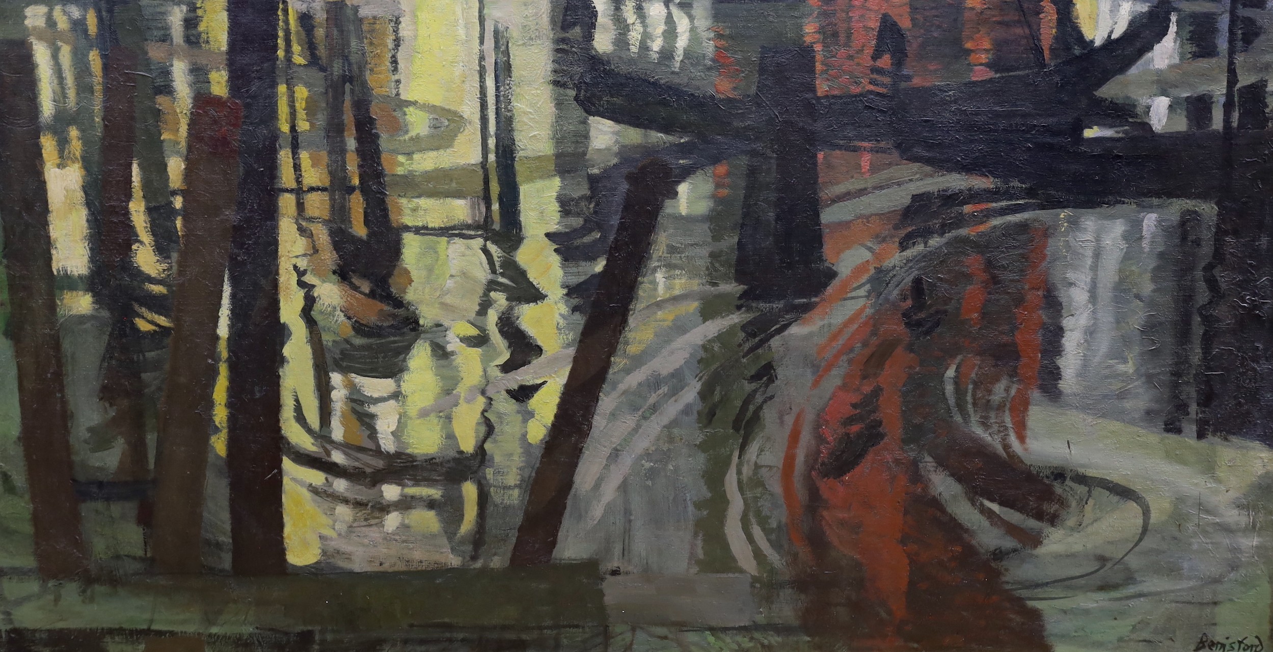 Peter Berrisford (1932-2003), oil on boards, 'Moods and Reflections', signed, with a letter from the Theatre Royal Northampton dated 1959 verso, 87 x 165cm